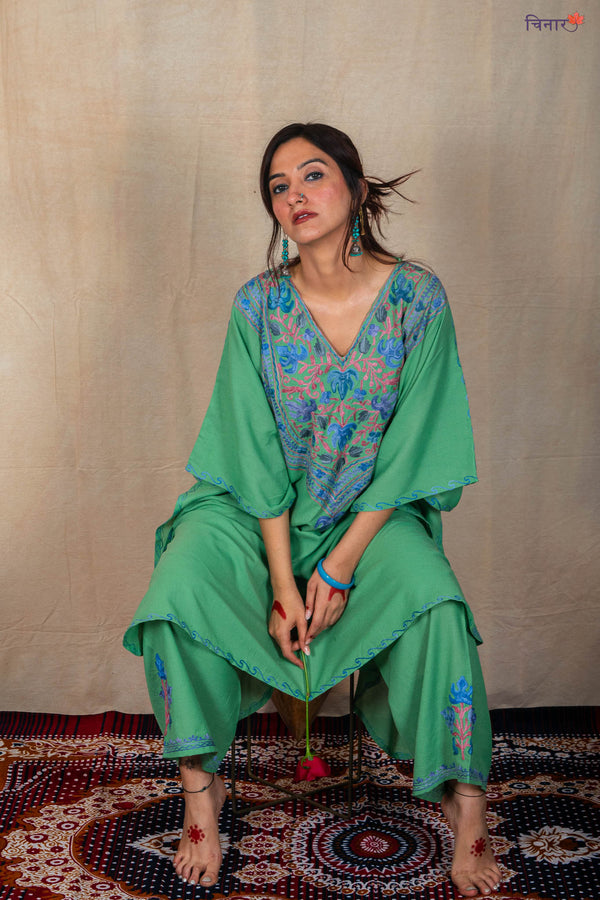 Forest Green Kashmiri Kaftan Co-ord Set